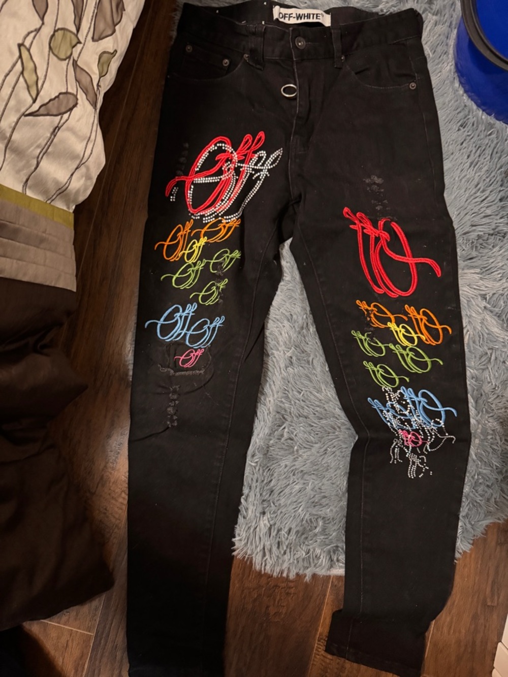 Off-White Black Skinny Jeans with Multicolor Crystal Script Embroidery